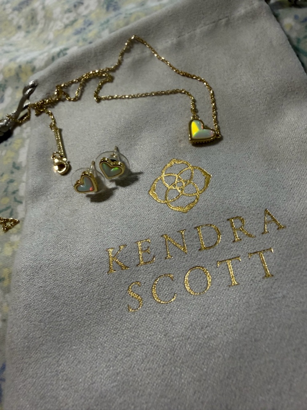 Kendra Scott Gold Heart Necklace and Stud Earrings with Iridescent Inlay